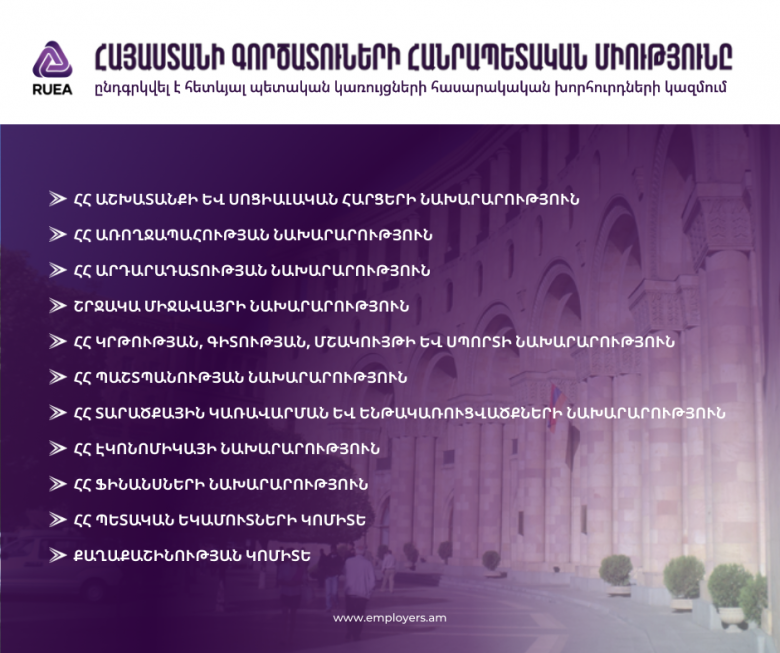 Հայաստանի գործատուների հանրապետական միությունն ընդգրկվել է պետական մի շարք կառույցների նոր ձևավորված հասարակական խորհուրդների անհատական կազմում